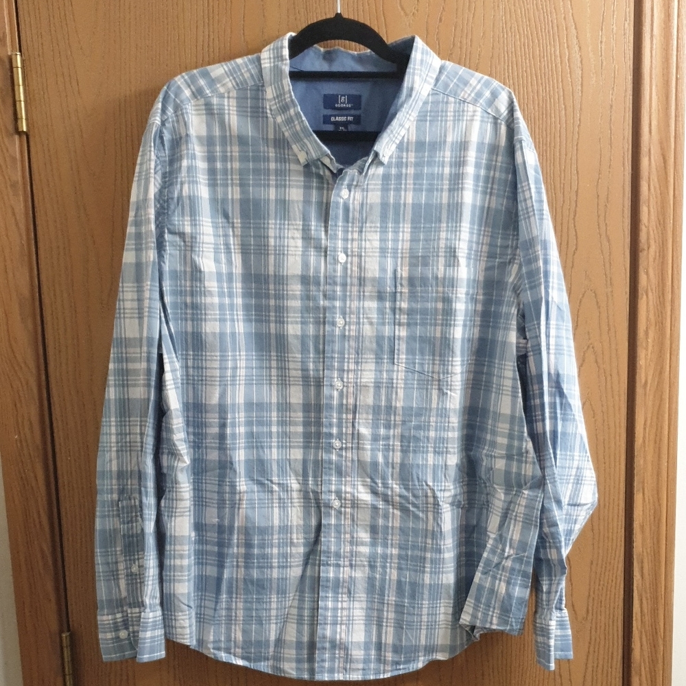 George Light Blue and White Plaid Casual Button-Down Shirt